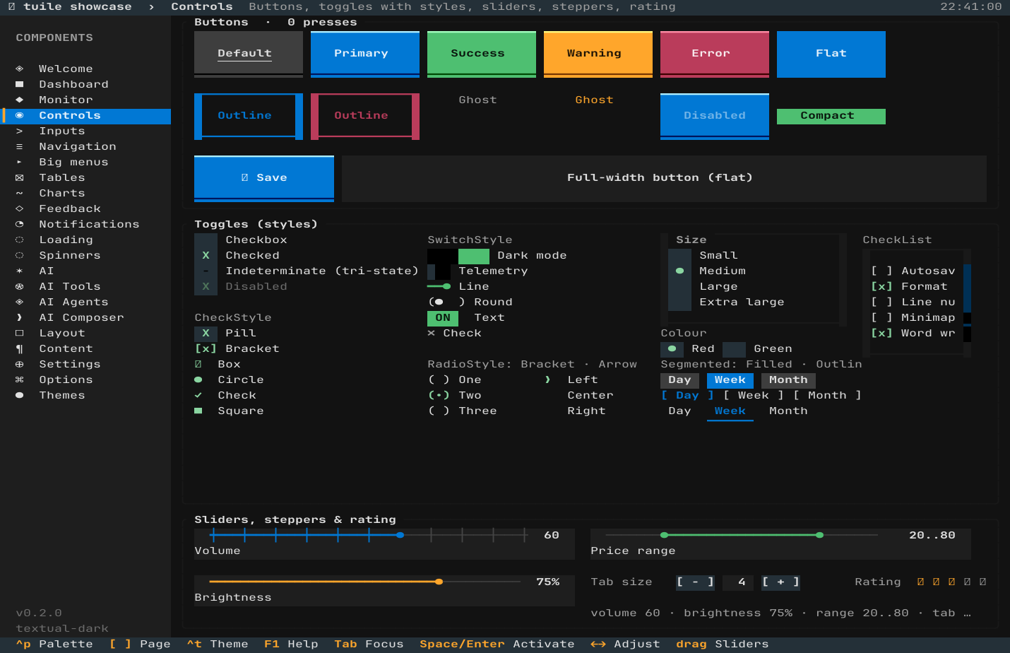 the controls page of the showcase