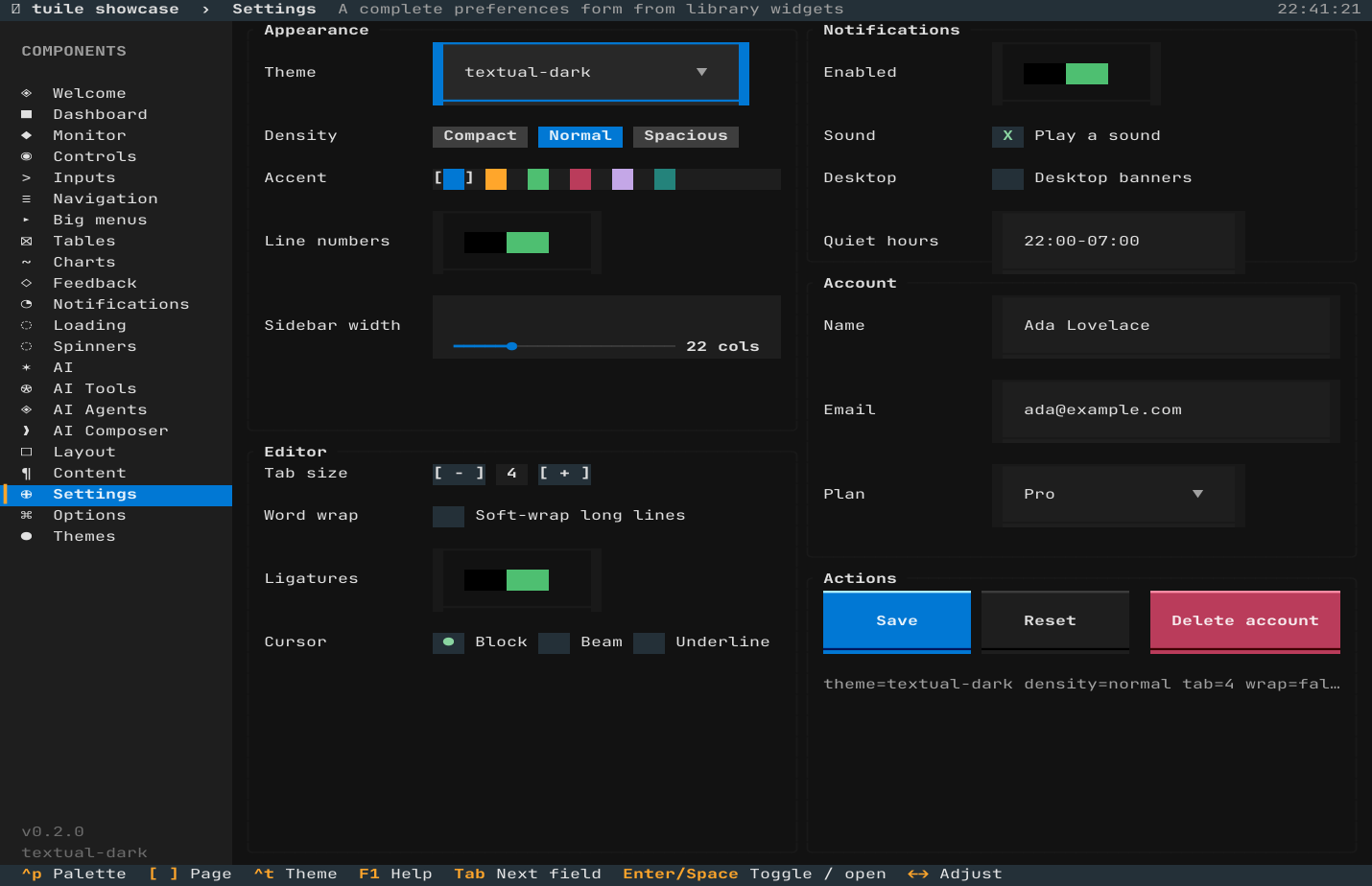 the settings page