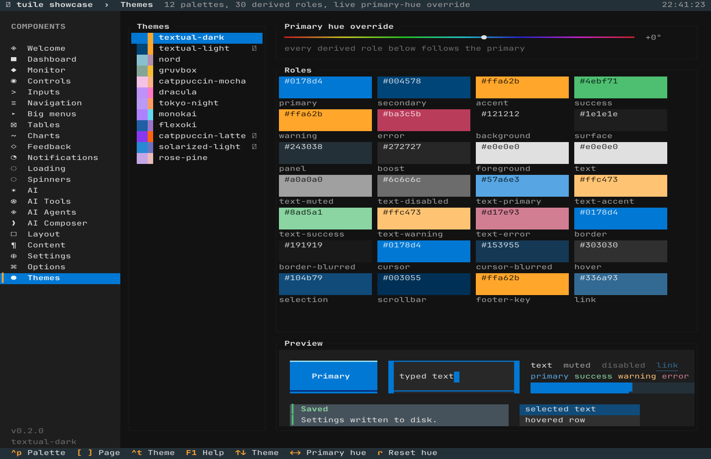 the themes page, showing every palette side by side
